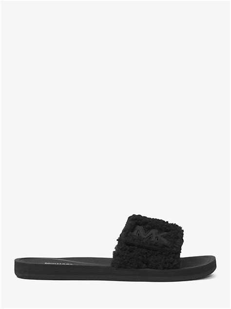 MK Logo Faux Shearling Slide Sandal 